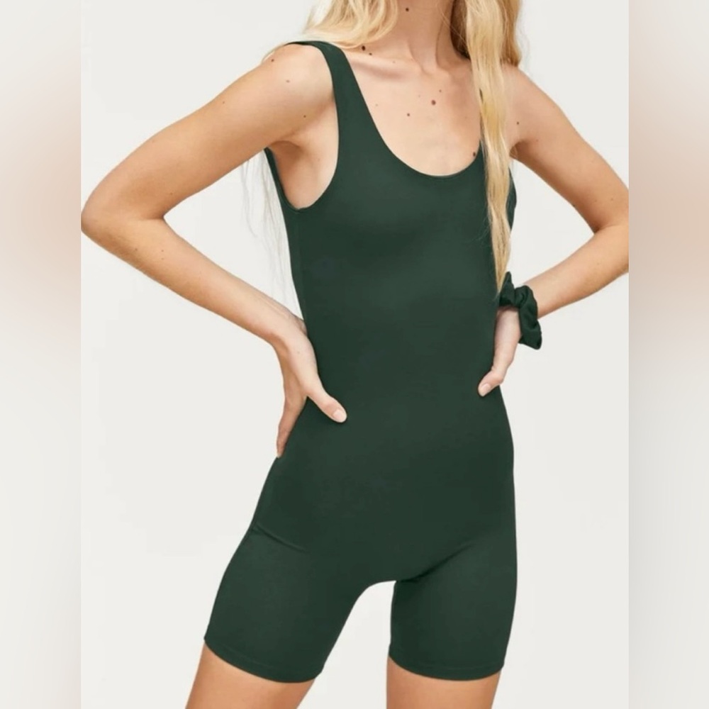 Girlfriend Collective Bike Unitard Romper Shorts Body Shaper Green Moss Small